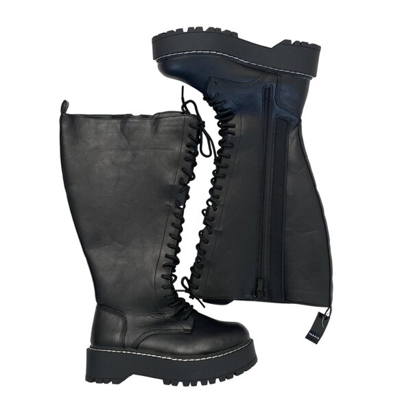 Torrid Boots Womens Sz 7 WW Black Combat Knee Boot Lace Up Platform Lug Sole Zip - Picture 1 of 6